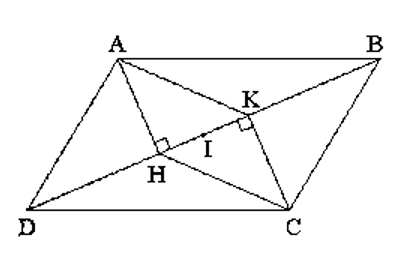 Câu 1. Cho hình bình hành ABCD, kẻ AH vuông góc với BD tại H và CK vuông góc với BD tại K (Hình vẽ)  a) Chứng minh tứ giác AHCK là hình bình hành  b) Gọi I là trung điểm của HK. Chứng minh IB = ID