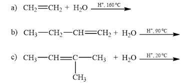 Bài tập 13.13: Khi tiến hành cho phân tử alkene cộng nước cần xúc tác là acid, sản phẩm thu được là alcohol. Nhiệt độ cần thiết cho phản ứng phụ thuộc vào bậc của alcohol tạo thành. Alcohol bậc III chỉ cần nhiệt độ dưới 25 °C. alcohol bậc II cần nhiệt độ dưới 100 °C và alcohol bậc I cần nhiệt độ dưới 170 °C. Viết các phương trình phản ứng sau (chỉ viết sản phẩm chính):