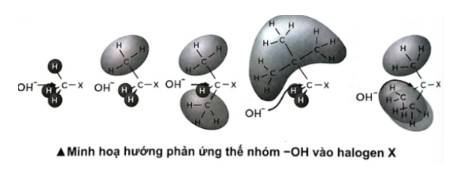 b) Quan sát hình bên dưới, cho biết yếu tố nào ảnh hưởng đến khả năng phản ứng thế nhóm –OH của các halogenoalkane trên?