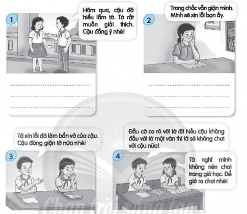 Ghi lại cách giải quyết khi có vấn đề xảy ra trong quan hệ với bạn bè vào chỗ trống dưới mỗi tranh