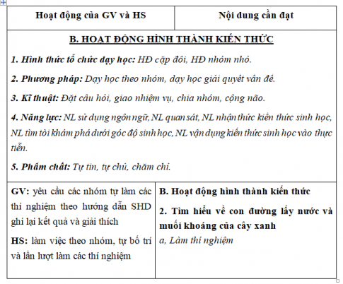 Giáo án VNEN bài Trao đổi nước và muối khoáng ở cây xanh (T2)