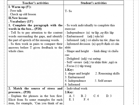 Giáo án VNEN unit 3 Teen stress and pressure: A closer look 1