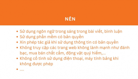 Em hãy tạo bài trình chiếu để hướng dẫn các bạn không vi phạm đạo đức, pháp luật và không có biểu hiện thiếu văn hoá khi chia sẻ thông tin, đăng bài viết và sử dụng hình ảnh trên Internet.