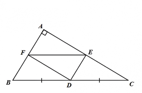 Câu 2. Cho tam giác ABC vuông tại A (AB < AC). Gọi D là trung điểm của BC. Vẽ DE // AB, vẽ DF // AC (E ∈ AC, F∈AB). a) Chứng minh rằng tứ giác AEDF là hình chữ nhât. b) Chứng minh rằng tứ giác BFED là hình bình hành.