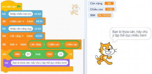 Thực hành: Hãy tạo chương trình Scracth thực hiện thuật toán tính chỉ số BMI theo sơ đồ khối ở Hình 12.3.