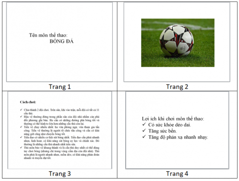 Em hãy tạo bài trình chiếu gồm 4 trang để giới thiệu về môn thể thao mà em yêu thích theo gợi ý sau