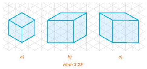 Trong các hình của Hình 3.29, hình nào là hình chiếu trục đo vuông góc đều của một hình lập phương? Giải thích vì sao.