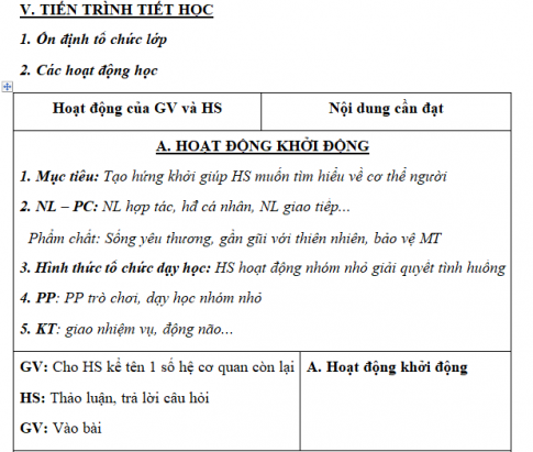 Giáo án VNEN bài Giới thiệu chung về cơ thể người (T2)