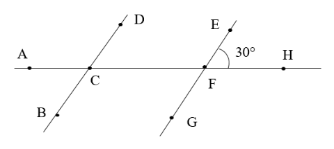 Câu 3: Cho hình vẽ sau. Tính số đo góc ACD, biết BD // EG.  Trắc nghiệm Toán 7 chân trời bài 3 Hai đường thẳng song song  A. 60°; B. 30°; C. 150°; D. 100°.