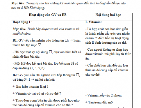 Giáo án PTNL bài 34: Vitamin và muối khoáng