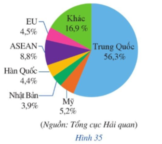 Biểu đồ hình quạt tròn ở Hình 35 biểu diễn cơ cấu thị trường xuất khẩu rau quả của Việt Nam năm 2020.