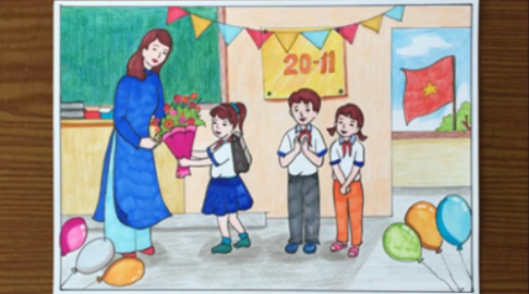 Vẽ hoặc xé dán để sáng tạo tranh về chủ đề Thầy cô của em vào khung hình dưới đây