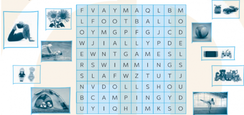 Look at the pictures and find the words in the puzzle. The words can go across or down (Nhìn vào các bức tranh và tìm các từ trong câu đố. Các từ có thể đi ngang hoặc đi xuống)