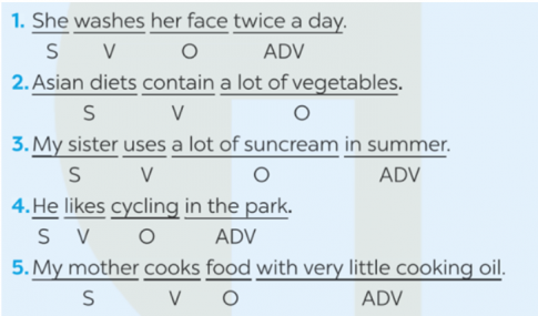 the subject (S), verb (V), object (O), or adverb (ADV) of the sentences