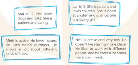 Work in pairs. Read the fact sheets about some students. Then discuss which of the community activities below each of them should join. Give reasons to explain your answers. (Làm việc theo cặp. Đọc các tờ thông tin về một số học sinh. Sau đó, thảo luận về những hoạt động cộng đồng nào dưới đây mà mỗi người trong số họ nên tham gia. Đưa ra lý do để giải thích câu trả lời của bạn.)