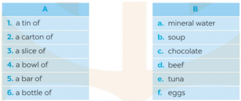  Match the phrase in column A with the nouns in column B. (Nối các cụm từ ở cột A với các danh từ ở cột B.)