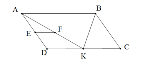 Cho hình bình hành ABCD như hình vẽ. Biết EF // DC, $\widetilde{DAB} = 65^{\circ}$ và $\widetilde{AFE} = 35^{\circ}$. Số đo góc KAD là: