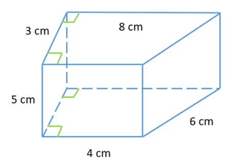 Thể tích hình lăng trụ đứng tứ giác có các kích thước như hình vẽ dưới đây là
