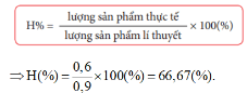 Cho 0,50 mol khí hydrogen tác dụng với 0,45 mol hơi iodine thu được 0,60 mol khí hydrogen iodide. Tính hiệu suất phản ứng.