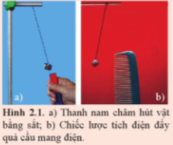 Trong Hình 2.1, thanh nam châm tác dụng lực lên vật bằng sắt mà không tiếp xúc với vật. Tương tự như vậy, chiếc lược tích diện tác dụng lực lên quả cầu tích điện cũng không tiếp xúc với quả cầu. Ở trung học cơ sở, ta đã biết, giống như lực hấp dẫn giữa các vật có khối lượng được thực hiện thông qua trường hấp dẫn, lực tác dụng của nam châm lên vật có tính chất từ được thực hiện thông qua từ trường của nam châm. Lực tác dụng giữa các vật tích điện có thông qua một trường nào không? Trường đó được đặc trưng b