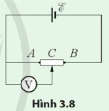 Cho mạch điện như Hình 3.8. Con chạy ở vị trí C, chia điện trở R thành R = RAC + RCB. Tìm biểu thức liên hệ giữa số chỉ của vôn kế,ε,  RAC và RCB   