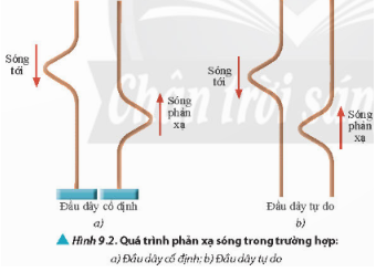 Thảo luận 1 trang 56 sgk vật lý 11 ctst Quan sát Hình 9.2 và nhận xét chiều biến dạng của dây khi có sóng tới và sóng phản xạ trong hai trường hợp: đầu dây cố định và đầu dây tự do.