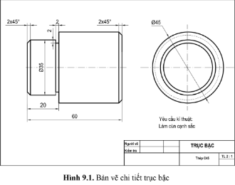 Hãy kể tên các công việc cần thực hiện để gia công được chi tiết trục bậc trên hình 9.1.