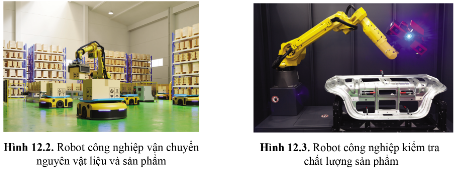 Quan sát hình 12.2, 12.3 và cho biết robot công nghiệp được ứng dụng vào những công việc gì?