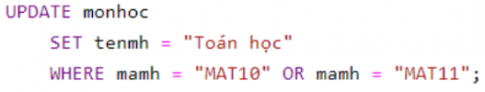 Hãy viết câu truy vấn sửa chữa tên môn học ‘Toan hoc’ thành ‘Toán học’ trong bảng monhoc.