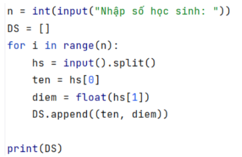 Viết chương trình nhập từ bàn phím các thông tin của n học sinh (n là số tự nhiên) vào mảng có cấu trúc tương tự Câu 17.7. Mỗi học sinh được nhập tên và điểm trung bình trên cùng một hàng, cách nhau bởi dấu cách.