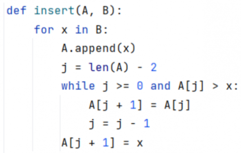 Cho trước hai dãy số A, B, trong đó dãy A đã được sắp xếp đúng. Viết chương trình mô tả hàm insert(A, B) đưa tất cả các phần tử của B vào A mà vẫn phải giữ đúng thứ tự sắp xếp đúng của A.