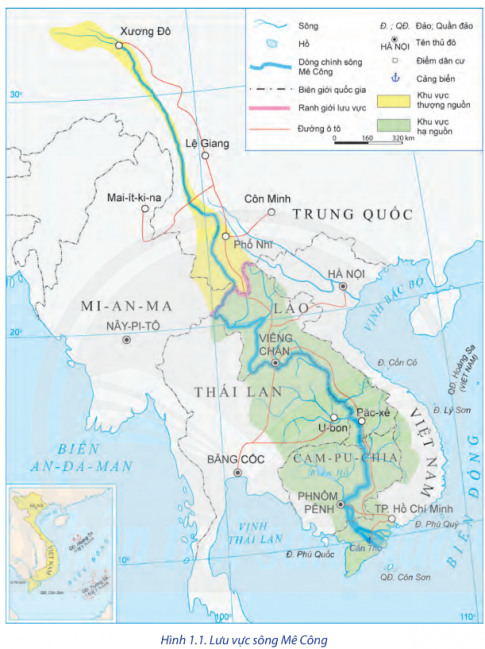 Dựa vào hình 1.1, hình 1.2 và thông tin trong bài, hãy nêu khái quát về lưu vực sông Mê Công.