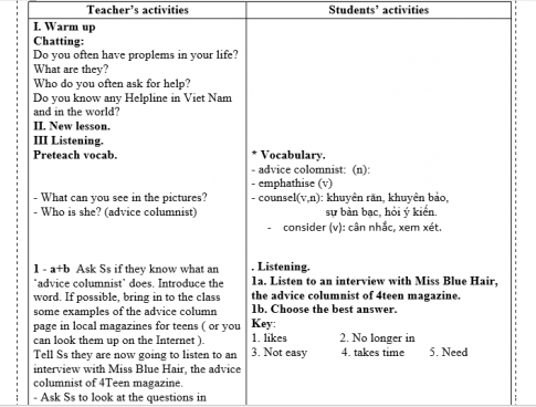 Giáo án VNEN unit 3 Teen stress and pressure: Skills 2