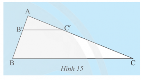  Cho tam giác ABC có AB = 6cm, AC = 15 cm. Trên AB, AC lần lượt lấy B', C' sao cho AB' = 2 cm, AC' = 5 cm  a) Tính các tỉ số $\frac{AB'}{AB}$ và $\frac{AC'}{AC}$  b) Qua B' vẽ đường thẳng song song với BC cắt AC tại E. Tính AE  c) So sánh AE và AC'  d) Hãy nhận xét về vị trí của E và C', vị trí của hai đường thẳng B'C' và B'E