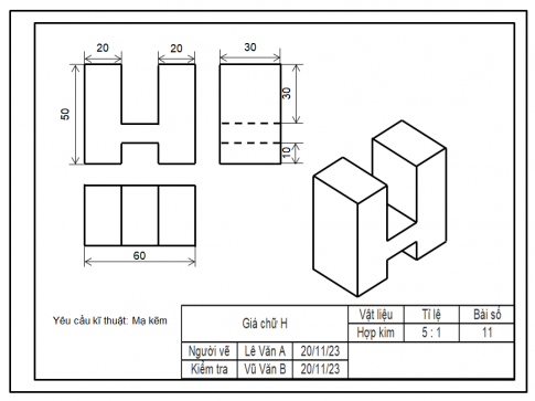 Một vật thể được biểu diễn trên giấy kẻ ô tam giác đều như trong Hình 3.54. 