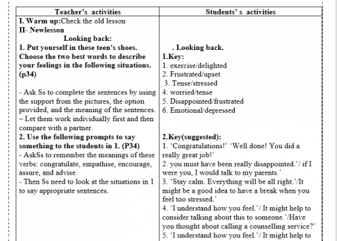 Giáo án VNEN unit 3 Teen stress and pressure: Looking back & Project