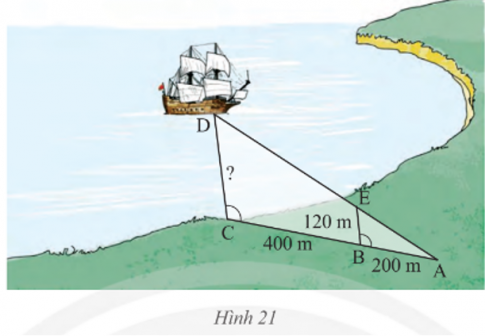 Câu 5. Với số liệu được ghi trên HÌnh 21. Hãy tính khoẳng cách CD từ con tàu đến trạm quan tắc đặt tại điểm C
