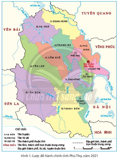 Đọc thông tin và quan sát các hình 1, 2, em hãy xác định:  - Vị trí của khu di tích Đền Hùng  - Một số công trình kiến trúc chính trong khu di tích Đền Hùng