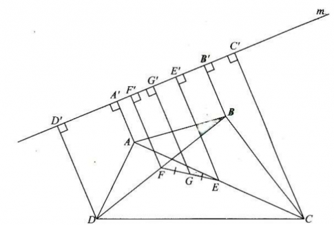 Câu 1: Cho tứ giác ABCD. Có G là trung điểm của đoạn nối các trung điểm của hai đường chéo AC và BD. Gọi m là một đường thẳng không cắt cạnh nào của hình thang ABCD; Gọi A', B', C’, D’, G' lần lượt là hình chiếu của A, B, C, D, G lên đường thẳng m. Chứng minh $GG'=\frac{1}{2}(AA'+BB'+CC'+DD')$