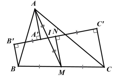 Câu 2. Cho tam giác ABC, AM là trung tuyến. Vẽ đường thẳng d qua trung điểm I của AM cắt các cạnh AB, AC. Gọi A'; B'; C' thứ tự là hình chiếu của A, B, C lên đường thẳng d. Chứng minh rằng BB' + CC' = 2AA'