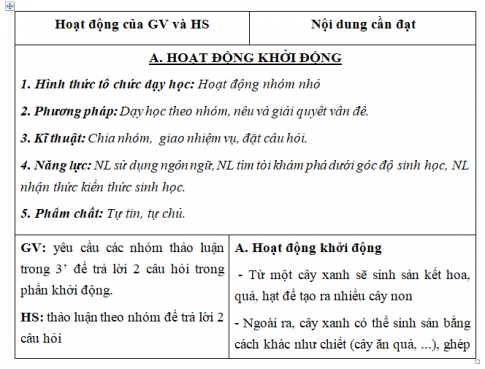 Giáo án VNEN bài Sự sinh sản ở cây xanh (T1)