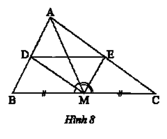  Cho tam giác ABC có trung tuyến AM. Đường phân giác của góc AMB cắt AB tại D và đường phân giác của góc AMC cắt AC tại E (Hình 8). Chứng minh DE // BC 