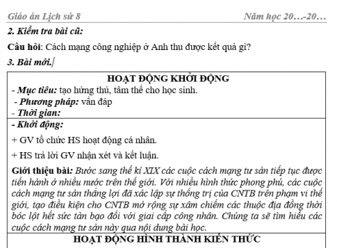 Giáo án VNEN bài Các nước tư bản chủ nghĩa chủ yếu thế kỉ XIX- đầu thế kỉ XX