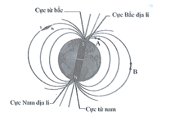 b) Chiều của đường sức từ đi ra ở cực nam địa lí và đi vào ở cực bắc địa lí. Chiều đường sức từ đi qua điểm A và B được xác định như hình vẽ: