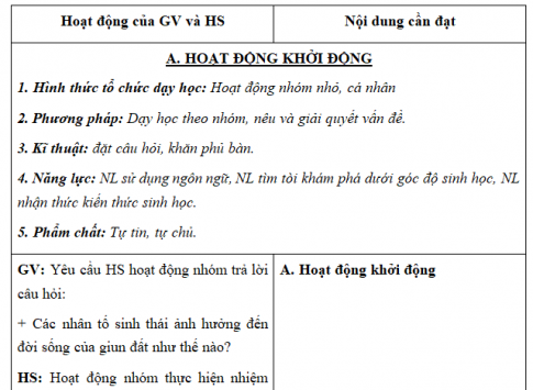 Giáo án VNEN bài Môi trường và các nhân tố sinh thái (T4)