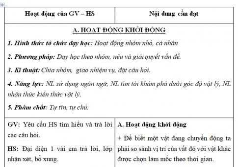 Giáo án VNEN bài Chuyển động cơ - Vận tốc của chuyển động (T1)