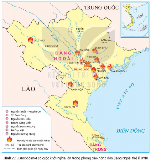 Khai thác lược đồ hình 7.1 và thông tin trong mục, hãy cho biết thời gian bùng nổ, diễn biến chính của một số cuộc khởi nghĩa tiêu biểu trong phong trào nông dân Đàng Ngoài thế kỉ XVIII.