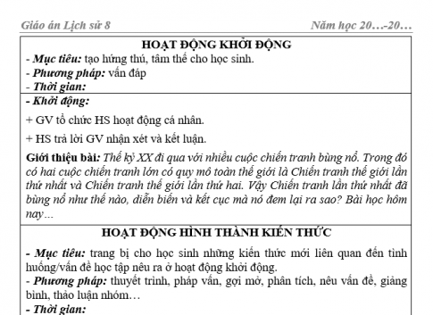 Giáo án VNEN bài Chiến tranh thế giới thứ nhất 1914- 1918