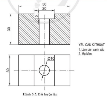 Vẽ gạch mặt cắt, ghi kích thước và viết chữ cho hình biểu diễn của vật thể hình 3.5