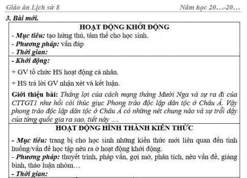 Giáo án VNEN bài Phong trào độc lập dân tộc ở Châu Á giữa hai cuộc chiến tranh thế giới 1918- 1939.